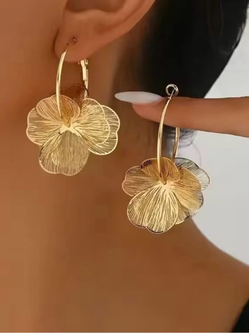 Anthropologie Gold Floral Hoop Earrings
